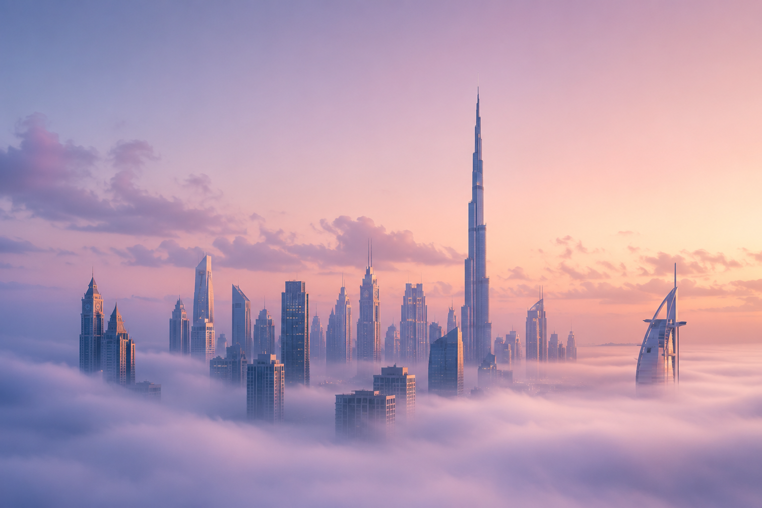 Dubai skyline rising above the clouds at dawn